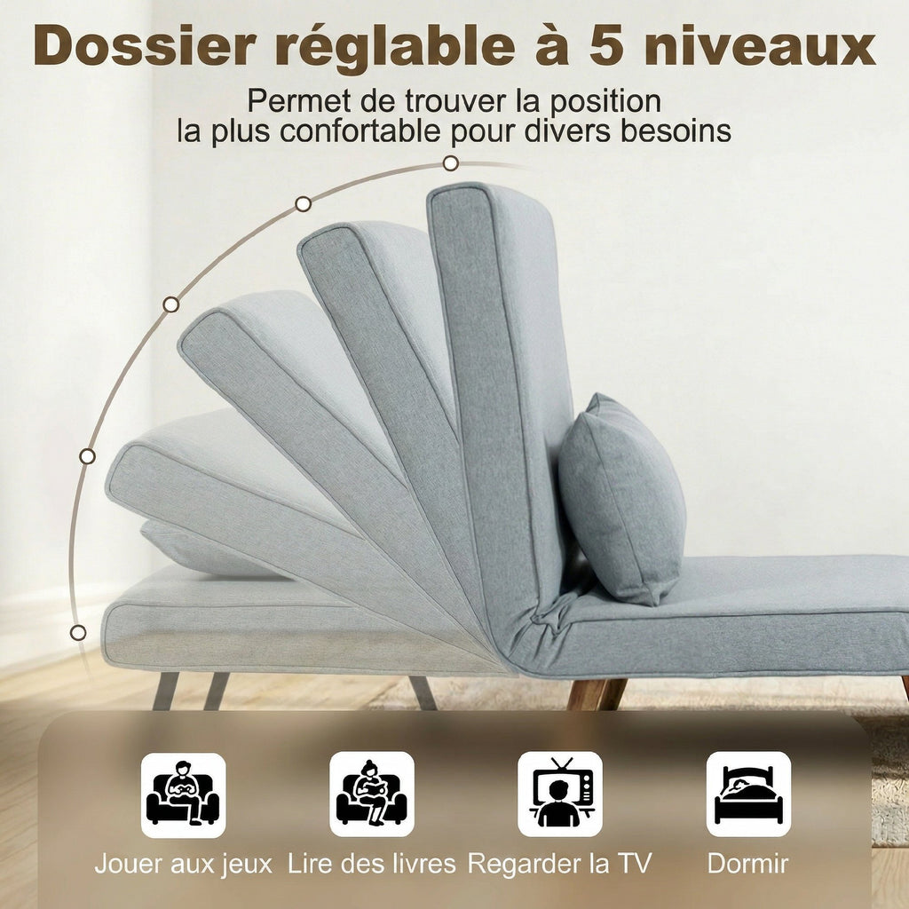Fauteuil chauffeuse convertible 3 en 1 lit fauteuil lit 1 place dossier 5 positions en tissu avec coussin, gris-4