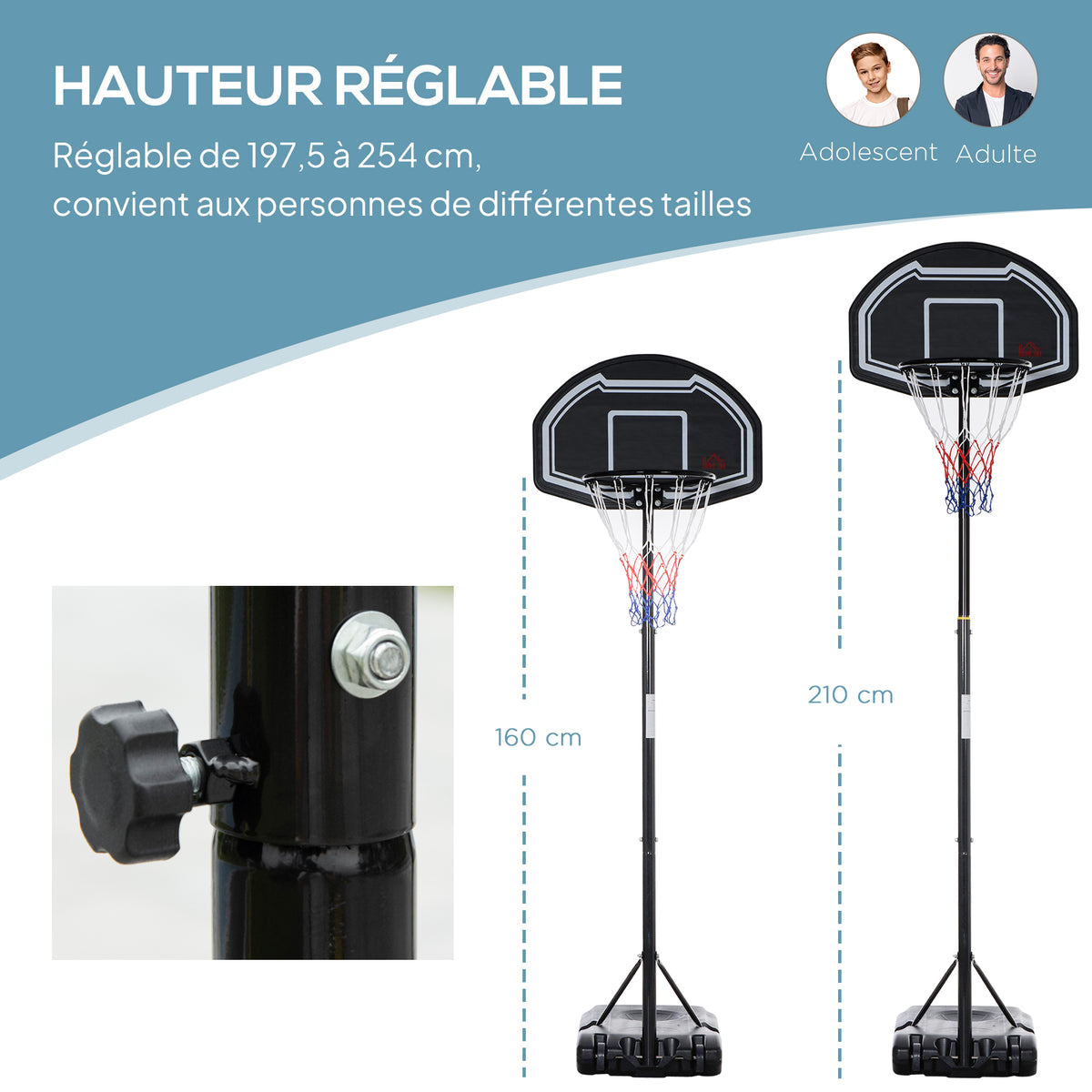 Panier de basket extérieur hauteur réglable 197,5-254 cm panier de basket sur pied à roulettes base remplissable noir-3