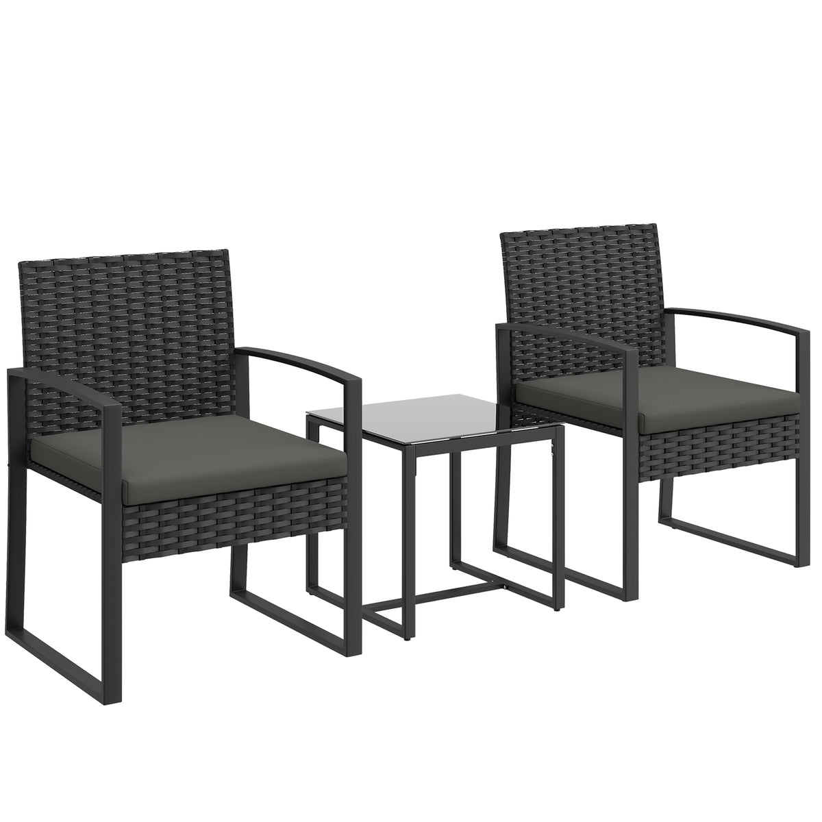 Salon de jardin extérieur en résine tressée 2 personnes, table de jardin avec 2 chaises, plateau en verre trempé, noir-0
