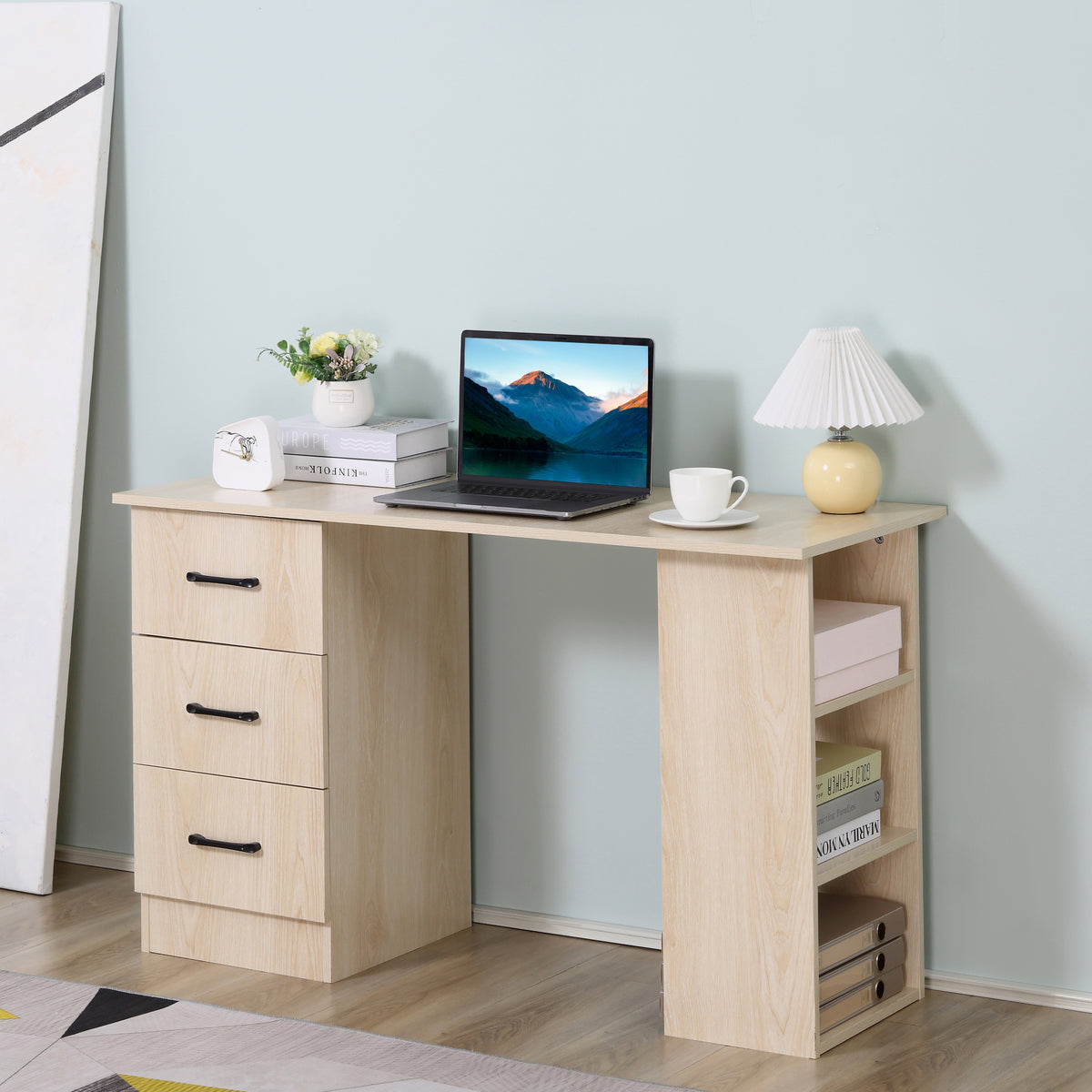 Bureau 120 x 50 cm avec étagères et tiroirs, pour petit espace, bureau à domicile, chambre à coucher, couleur bois-9