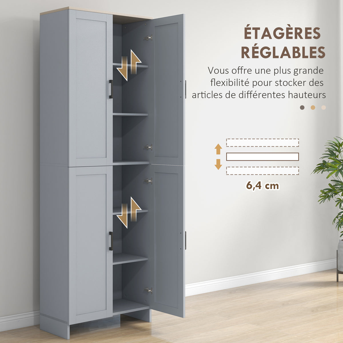 Armoire de cuisine hauteur 170 cm buffet haut avec 4 portes et étagères ajustable, design moderne, gris-4