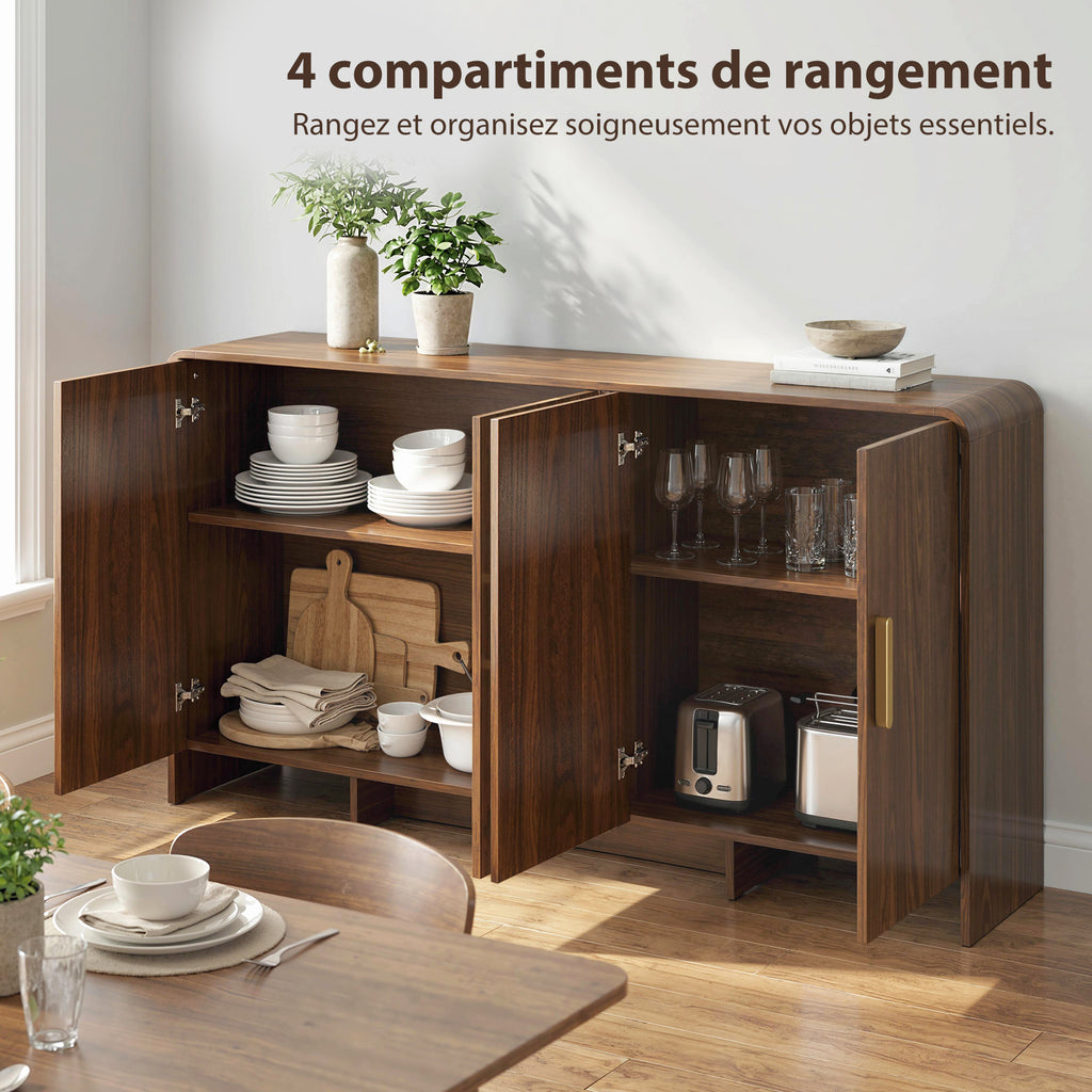 Buffet cuisine, meuble de rangement avec 4 portes à fermeture douce, 4 compartiments et bords arrondis, 152x40x80cm, noyer-4