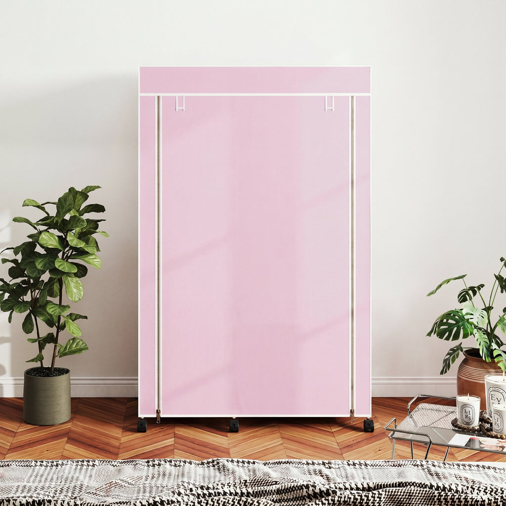 Armoire penderie en tissu meuble de rangement 6 roulettes tringle à vêtements et étagères ouvertes 103x43x162,5cm rose-8