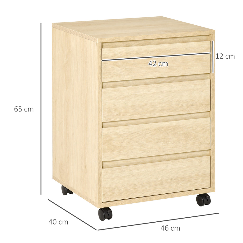 Caisson de Bureau, Rangement Bureau sur Roulettes, 4 Tiroirs Coulissants en Bois, Naturel-2