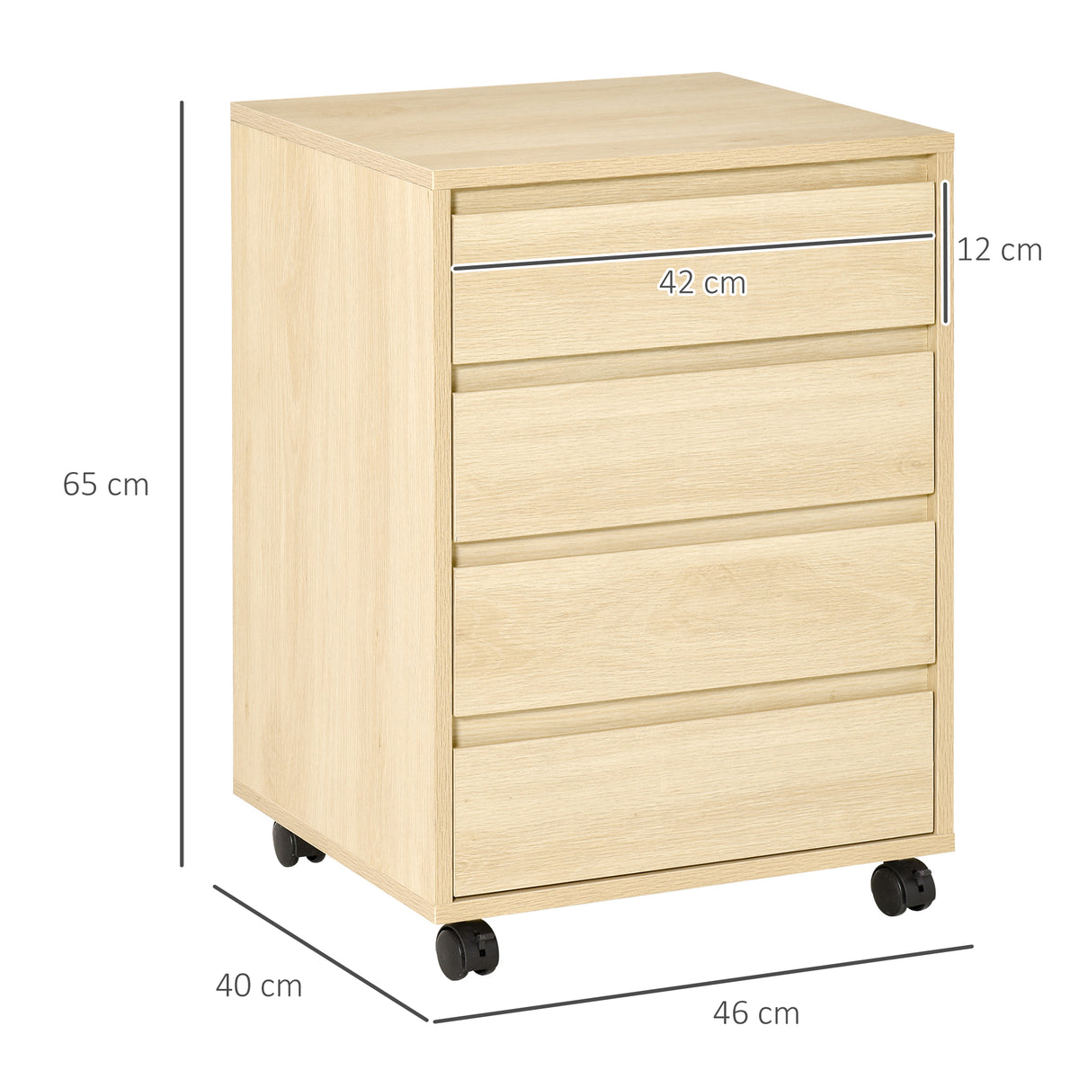Caisson de Bureau, Rangement Bureau sur Roulettes, 4 Tiroirs Coulissants en Bois, Naturel-2