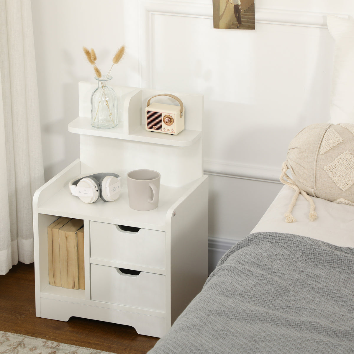 Table de Chevet Table de Nuit Multi-Rangement 2 tiroirs Niche étagère en bois Blanc-1