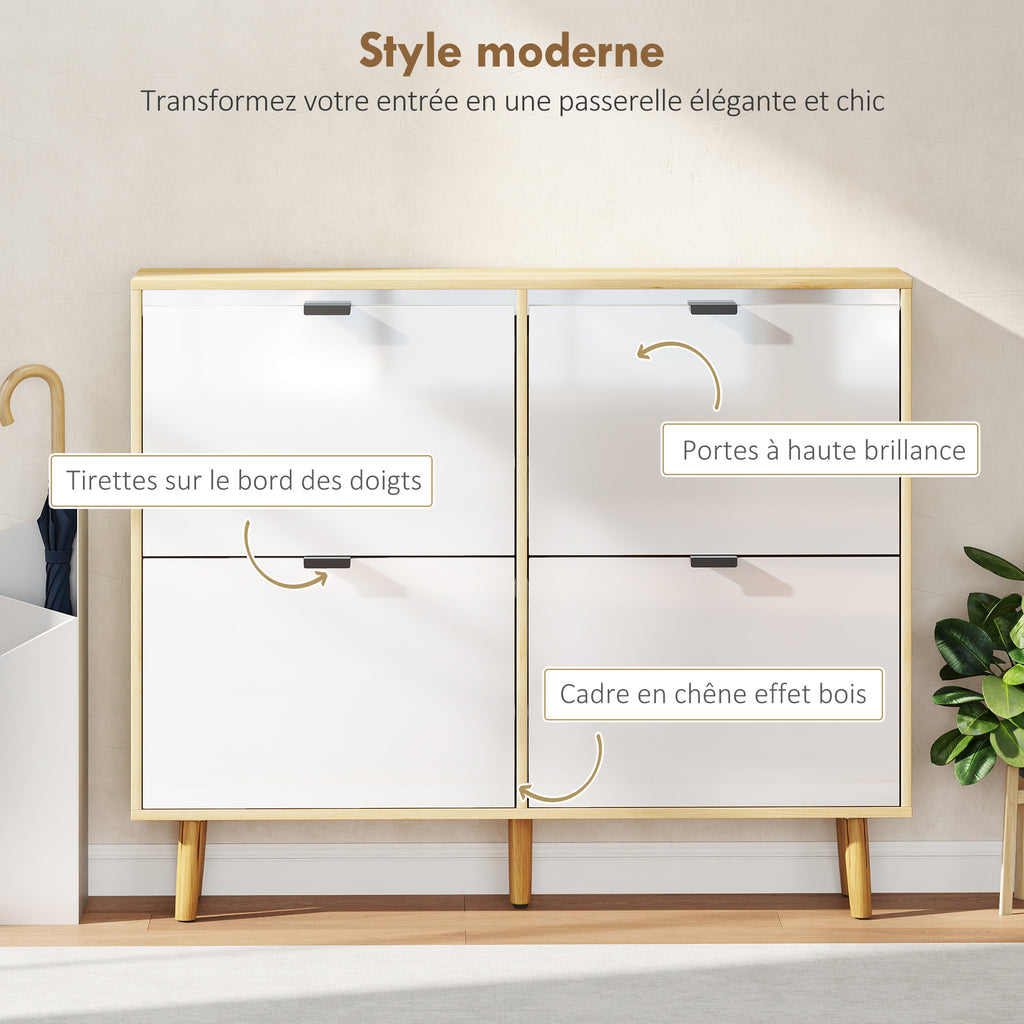 Meuble à chaussures, armoire à chaussures étroite, 4 tiroirs rabattables, porte haute brillante, 105x24x92,5cm, blanc-3