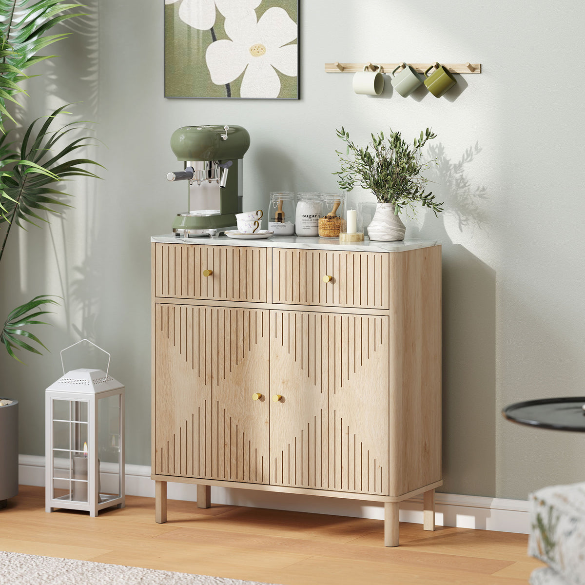 Buffet, meuble de rangement cannelé avec plateau effet marbre, 2 tiroirs, 2 portes, étagère réglable, 77x30x80cm, chêne-9