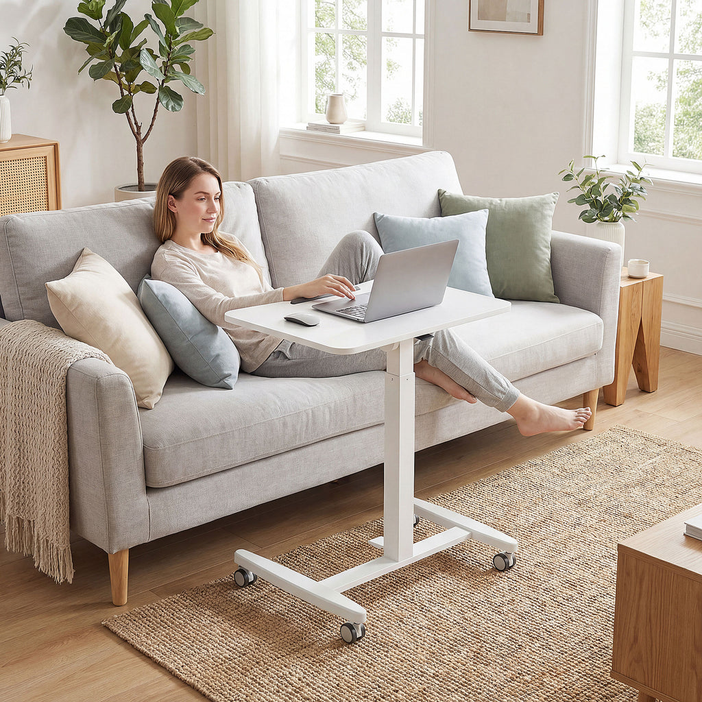 Bureau Debout Réglable en Hauteur, Plateau Inclinable, Roulettes et Cadre en Acier, 60,5 x 52 x 75-114 cm, Blanc-1
