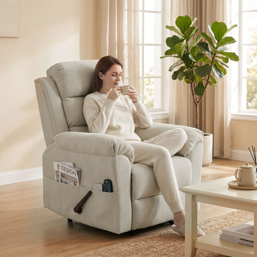 Fauteuil Inclinable de Massage et Chauffage, Fauteuil de Relaxation, Appuie-tête Réglable Poches Latérales, Crème-9