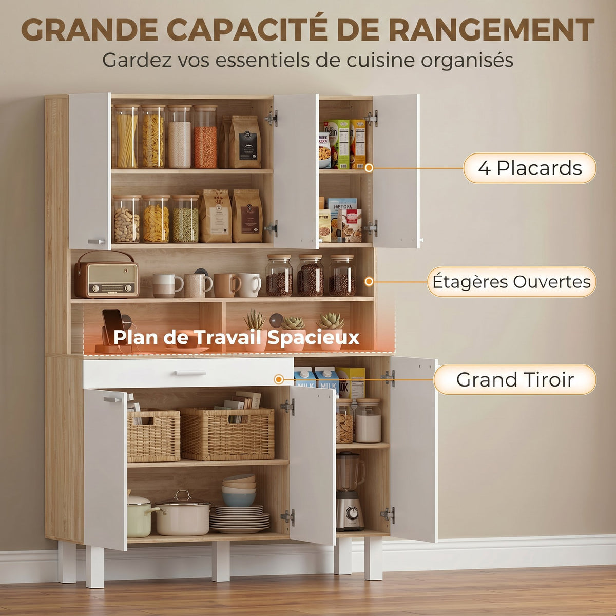 Buffet haut cuisine, armoire de cuisine, 6 portes, tiroir et étagères ouvertes, 120x40x175cm, blanc et bois naturel-3