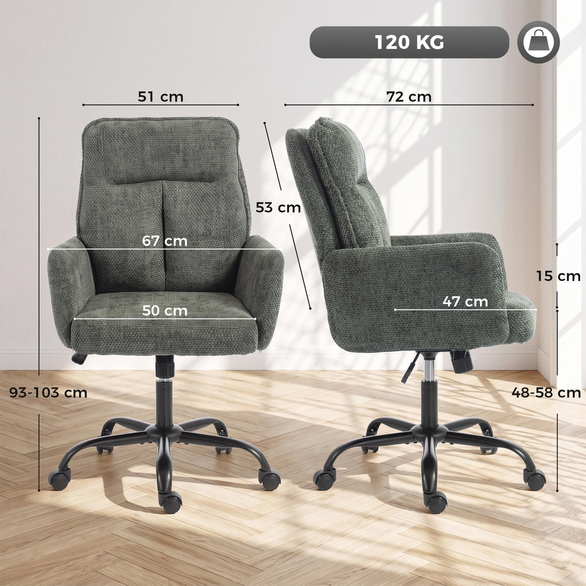 Chaise Bureau Ergonomique, Fauteuil de Bureau avec Hauteur Réglable, Assise Large, Fonction Bascule, Vert Foncé-2