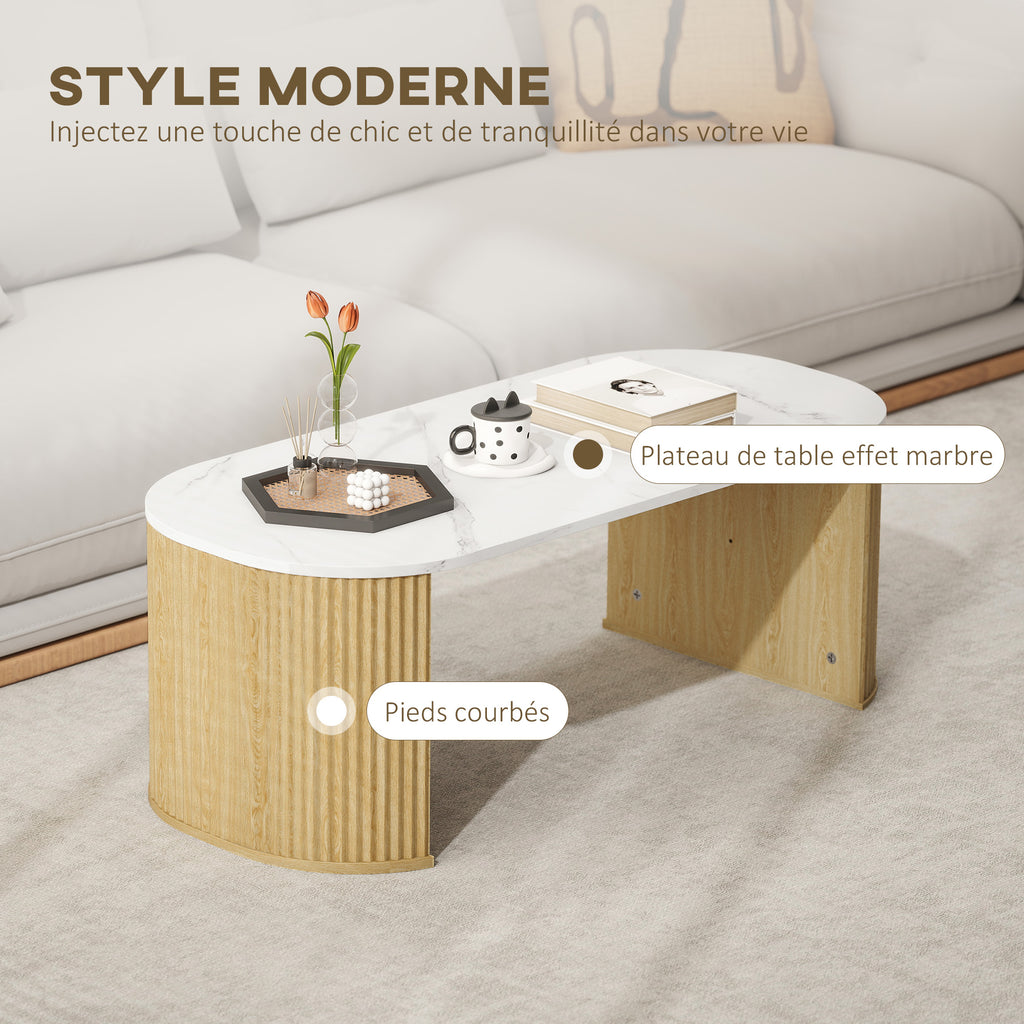 Table basse ovale, table d'appoint aspect effet marbre, coins arrondis pieds épais, 110 x 50 x 40 cm, blanc-3