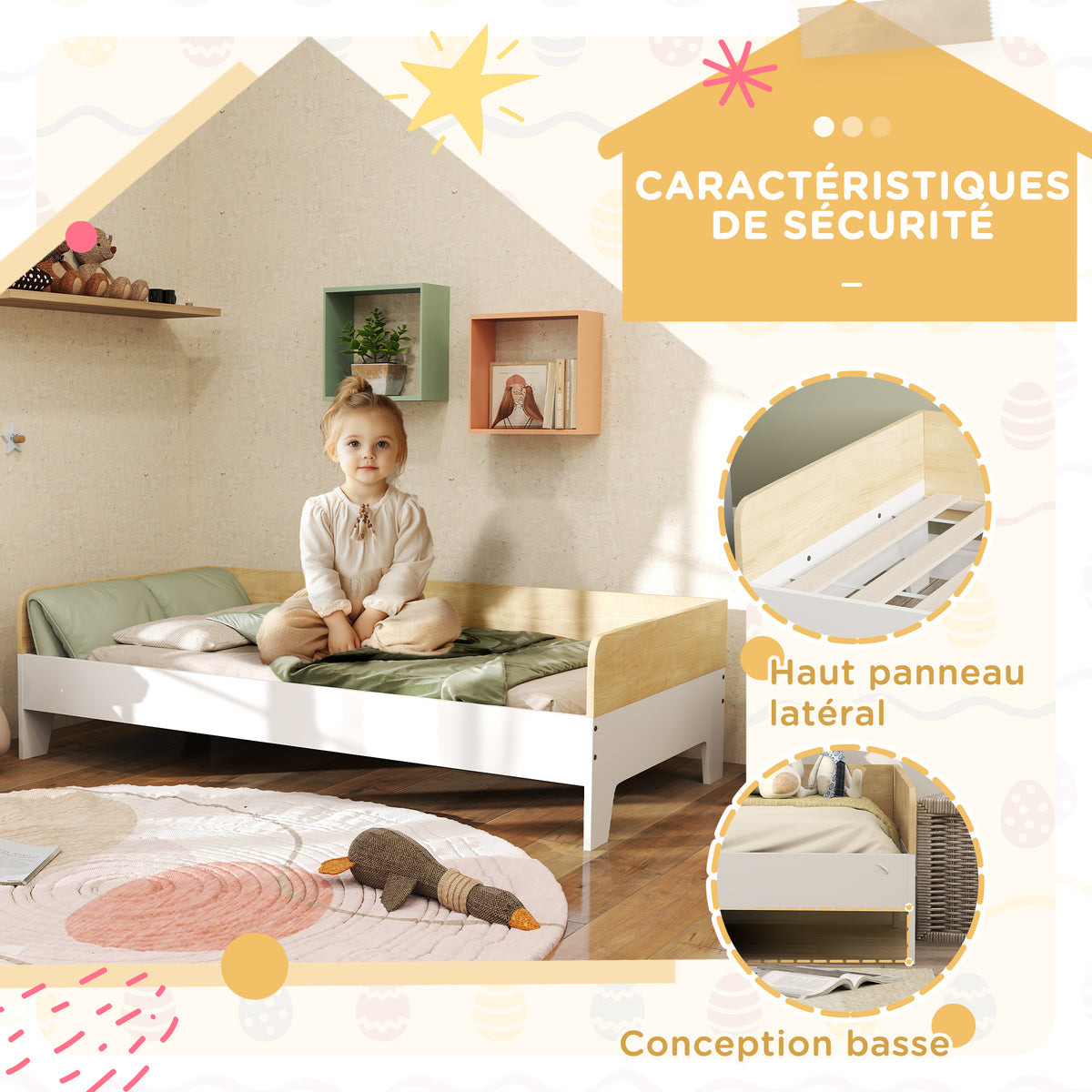 Lit enfant lit avec sommier à lattes avec panneaux latéraux élevés conception basse en bois 143,5 x 74 x 40 cm blanc-4