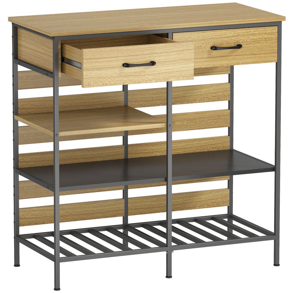 Buffet cuisine, meuble de rangement avec 2 tiroirs et 3 étagères ouvertes, 90 x 40 x 91 cm, bois naturel et noir-0