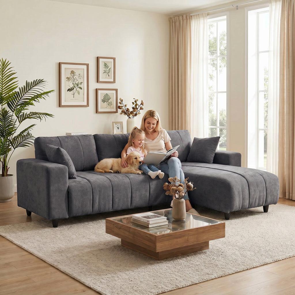 Canapé d'Angle Modulable 242 cm, Canapé 4 Places en L avec Méridienne Réversible, 2 Oreillers, Tissu Aspect Lin, Gris-8