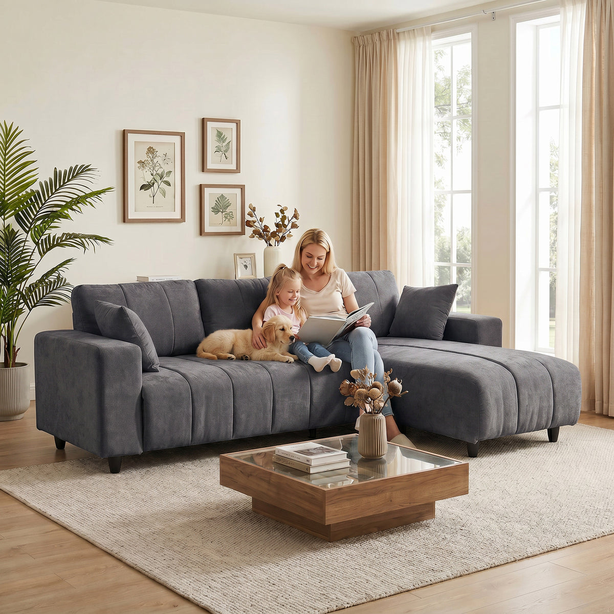 Canapé d'Angle Modulable 242 cm, Canapé 4 Places en L avec Méridienne Réversible, 2 Oreillers, Tissu Aspect Lin, Gris-8