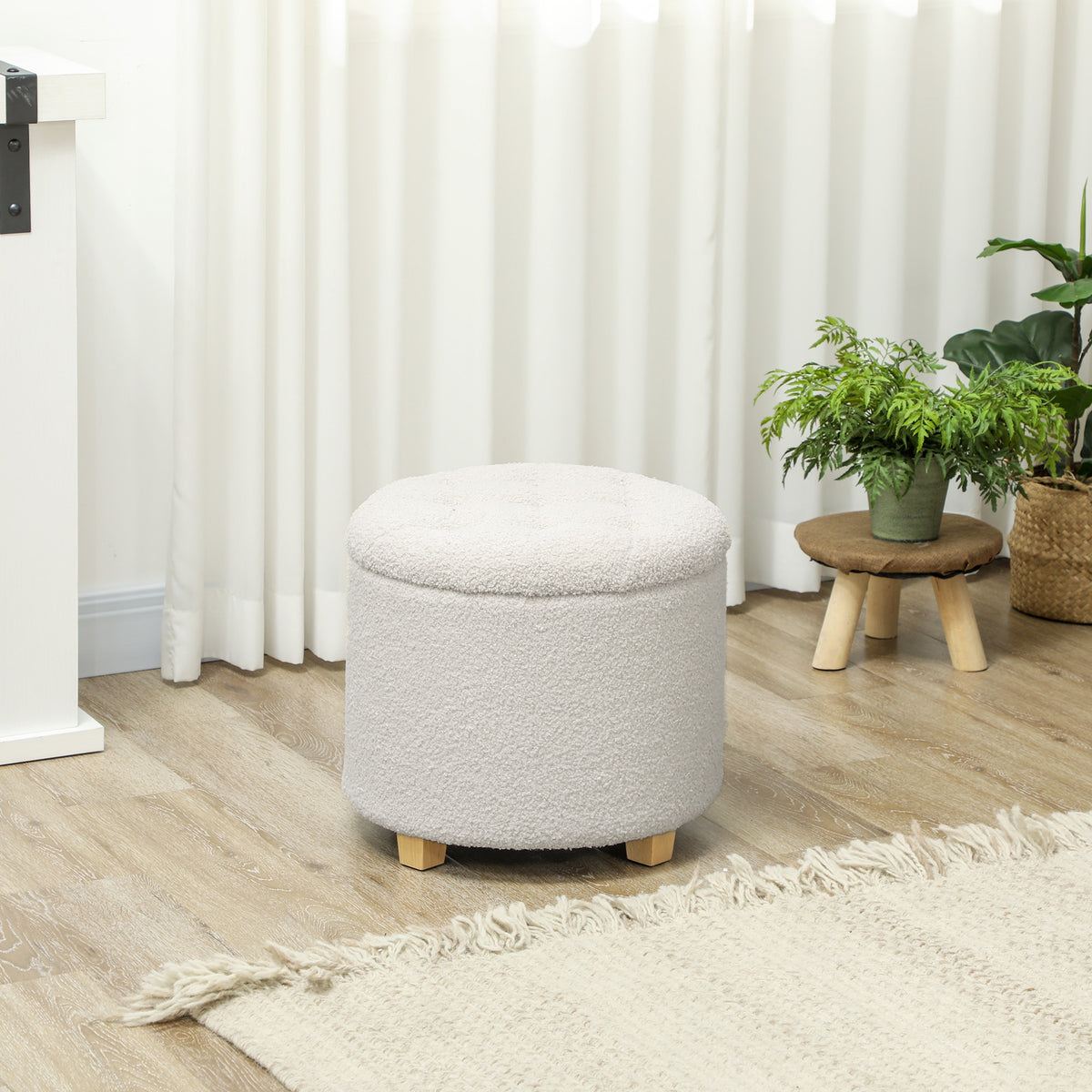 Pouf coffre rangement, tabouret rond, pouf repose-pieds en tissu bouclette, charge 120 Kg, Ø 45 x 41 cm, blanc-9