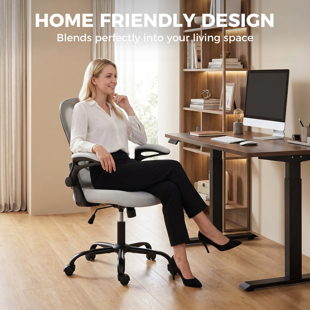 Chaise Bureau Ergonomique, Fauteuil de Bureau Maille, Accoudoirs Relevables, Hauteur Réglable, Fonction Bascule, Gris-7