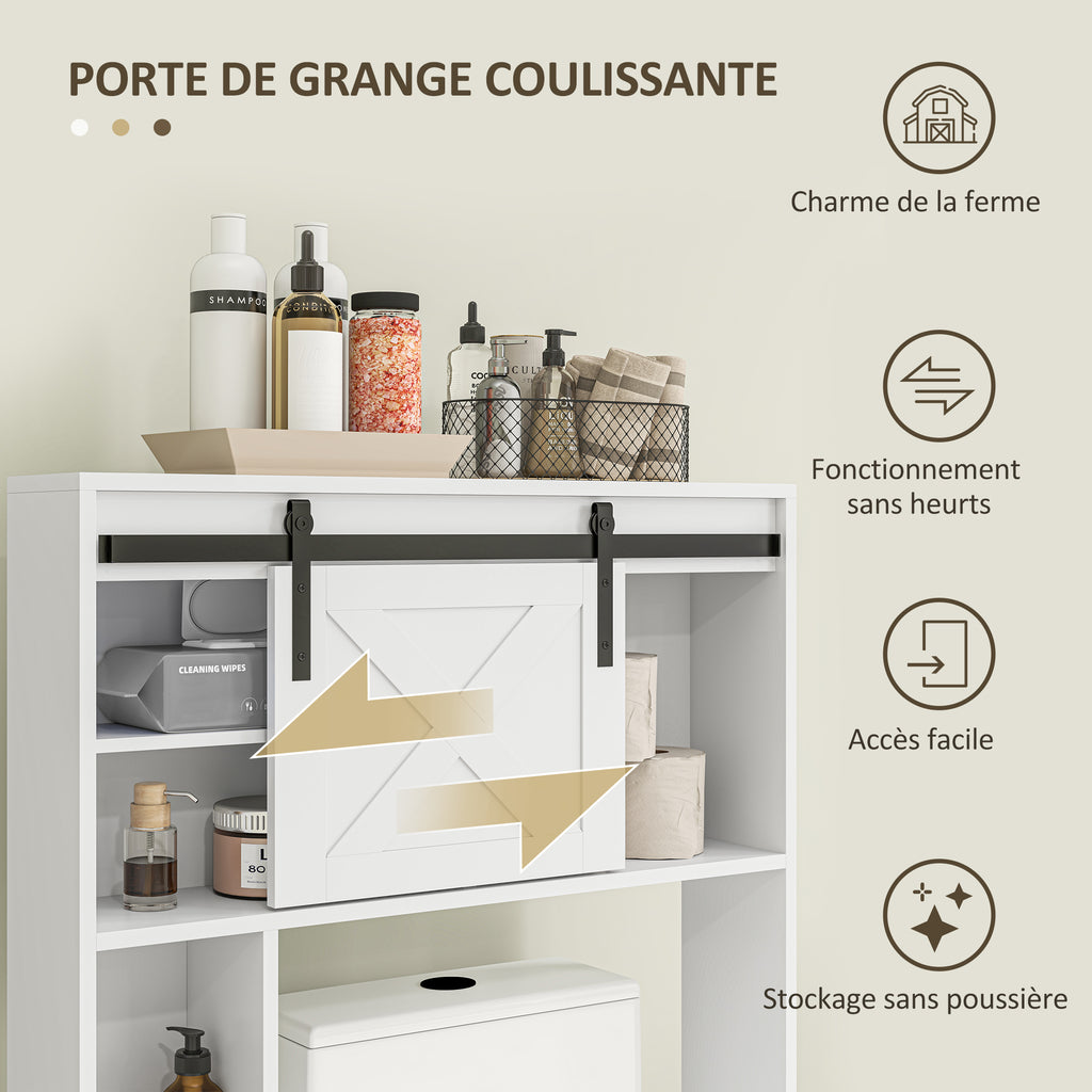 Meuble de rangement au-dessus des toilettes avec porte coulissante, Meuble étagère dessus WC, étagère réglable, blanc-3