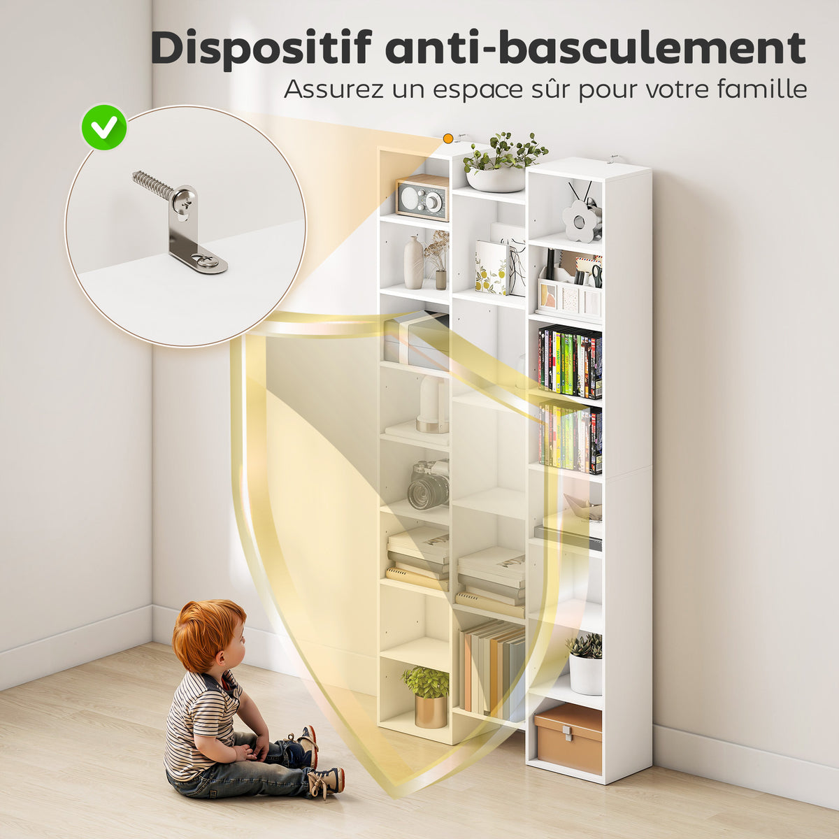 Bibliothèque, étagère à livres, étagère de rangement, 21 compartiments et 10 étagères réglables, 89,5x23,5x181cm, blanc-5