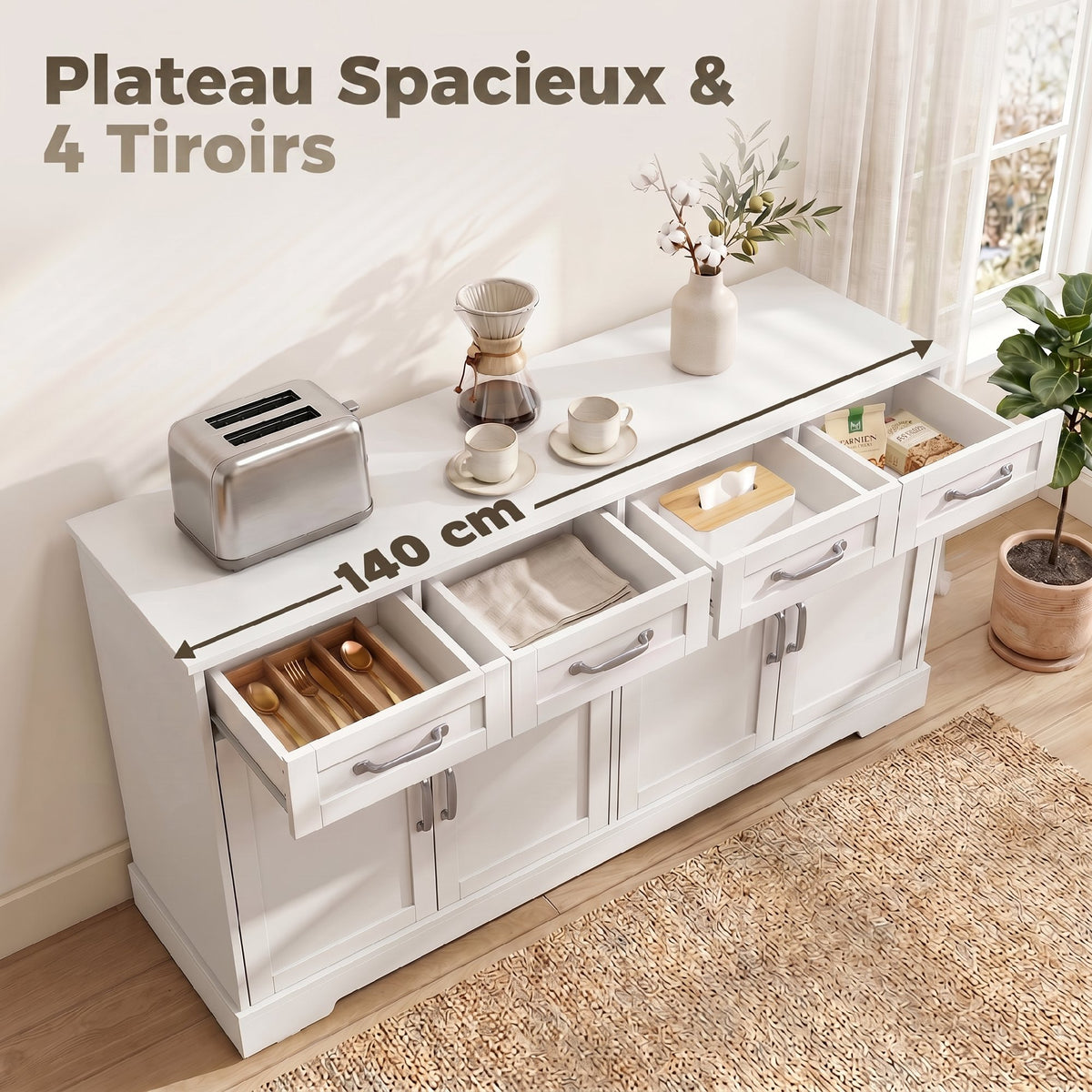 Buffet Cuisine avec Tiroirs, Portes, Étagères Réglables, Style Shaker, Dispositif Anti-Basculement, 140x38x80cm, Blanc-4