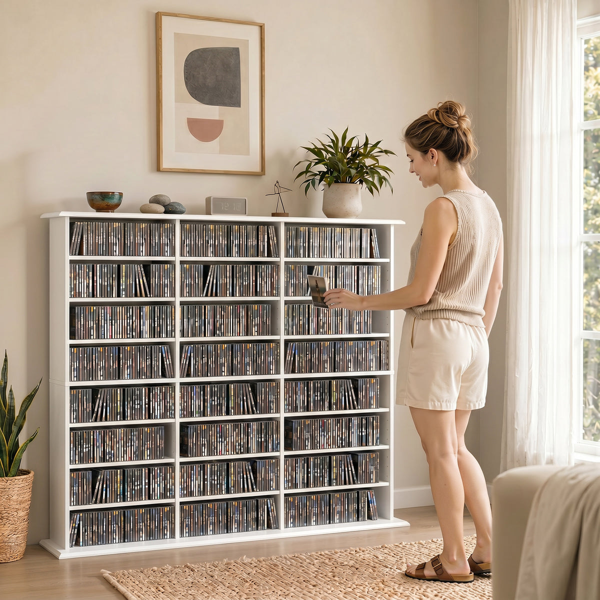Meuble de rangement 1032 CDs / 594 DVDs, étagère multimédia, 24 compartiments et 18 étagères ajustables, blanc-7