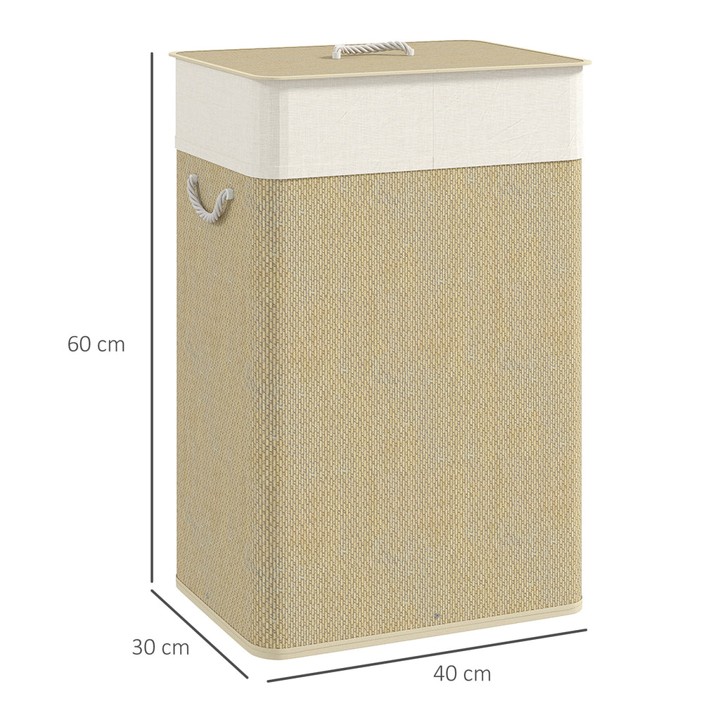 Panier à linge 72 L, corbeille à linge sale en bambou avec couvercle, poignées en corde, doublure amovible, crème-2