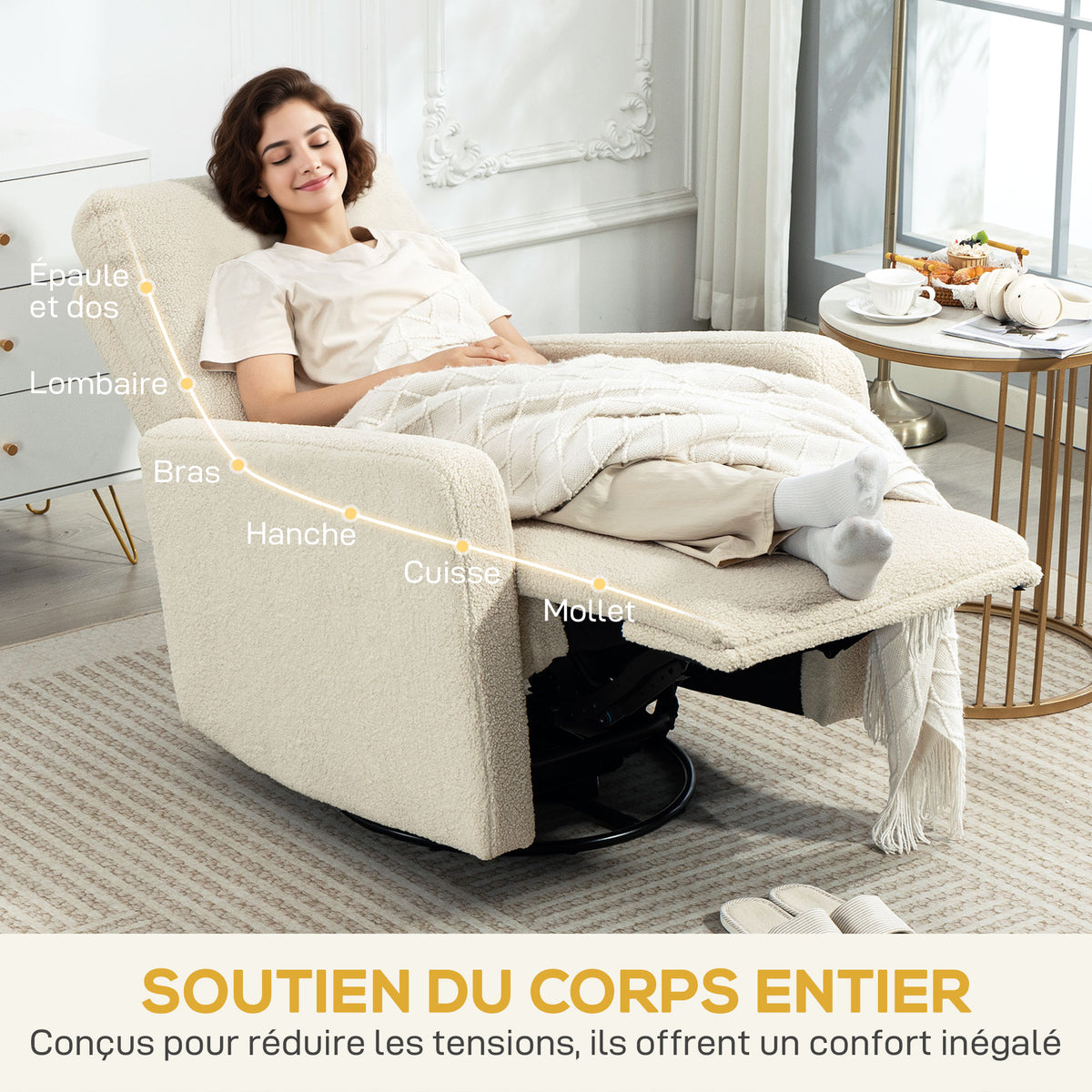 Fauteuil inclinable, fauteuil de relaxation avec repose-pieds, pivotant à 360° et basculant, 76 x 94 x 100 cm, beige-4