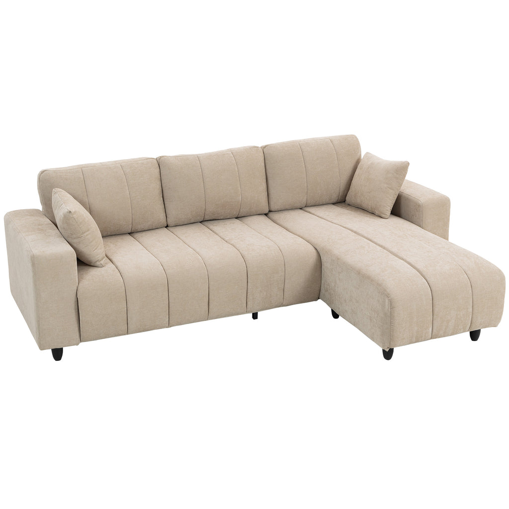 Canapé d'Angle Modulable 242 cm, Canapé 4 Places en L avec Méridienne Réversible, 2 Oreillers, Tissu Aspect Lin, Beige-0