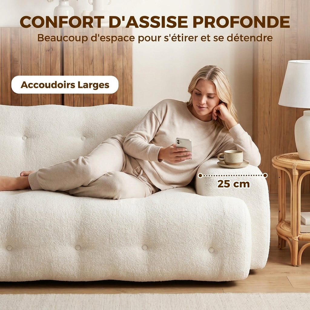 Canapé 3 Places en Chenille 211 cm, Canapé Salon, Assise Profonde, Entièrement Compressé Sans Montage, Crème-3