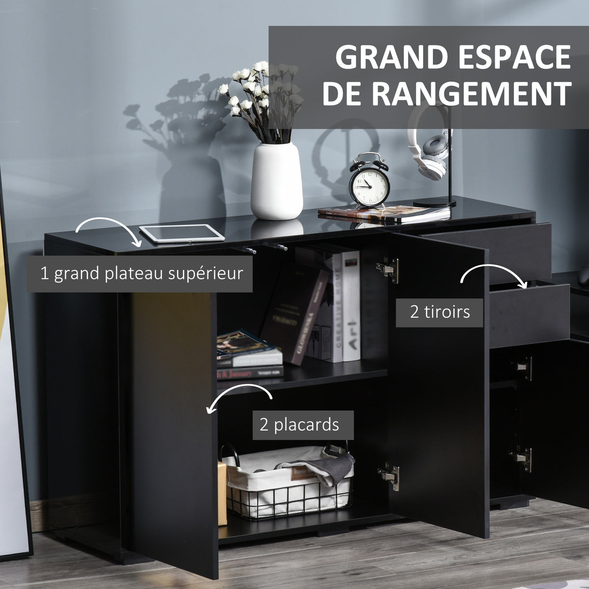 Buffet meuble de rangement 2 tiroirs coulissants 3 portes étagère réglable panneaux de particules 117 x 36 x 74 cm noir-3