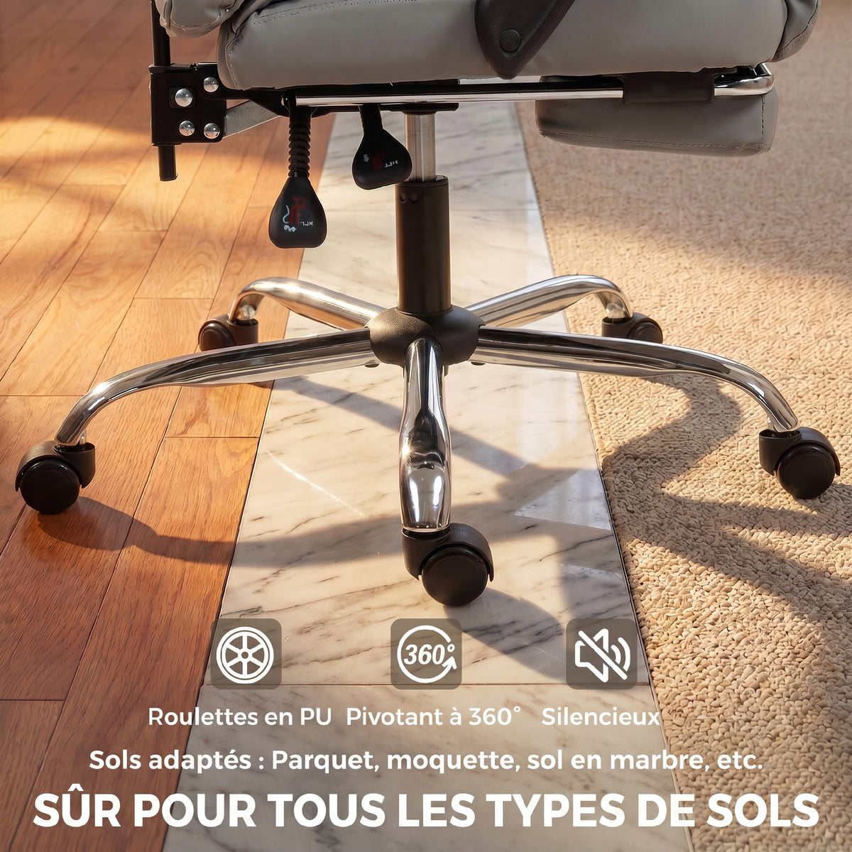 Chaise de bureau ergonomique, fauteuil de bureau inclinable avec repose-pieds, hauteur réglable, pivotante 360°, gris-6