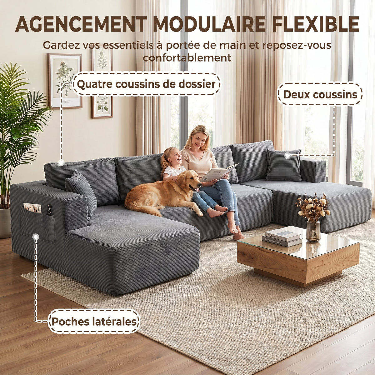 Canapé Modulaire en U 4 Places, 2 Méridiennes, Canapé 2 Places, 6 Coussins, Sans Montage, 369 x 152 x 78 cm, Gris-5