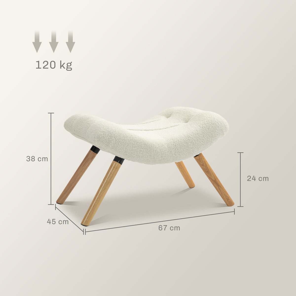 Repose pied salon ottoman pouf salon tabouret de canapé en tissu avec pieds en bois de hêtre, siège rembourré, crème-2