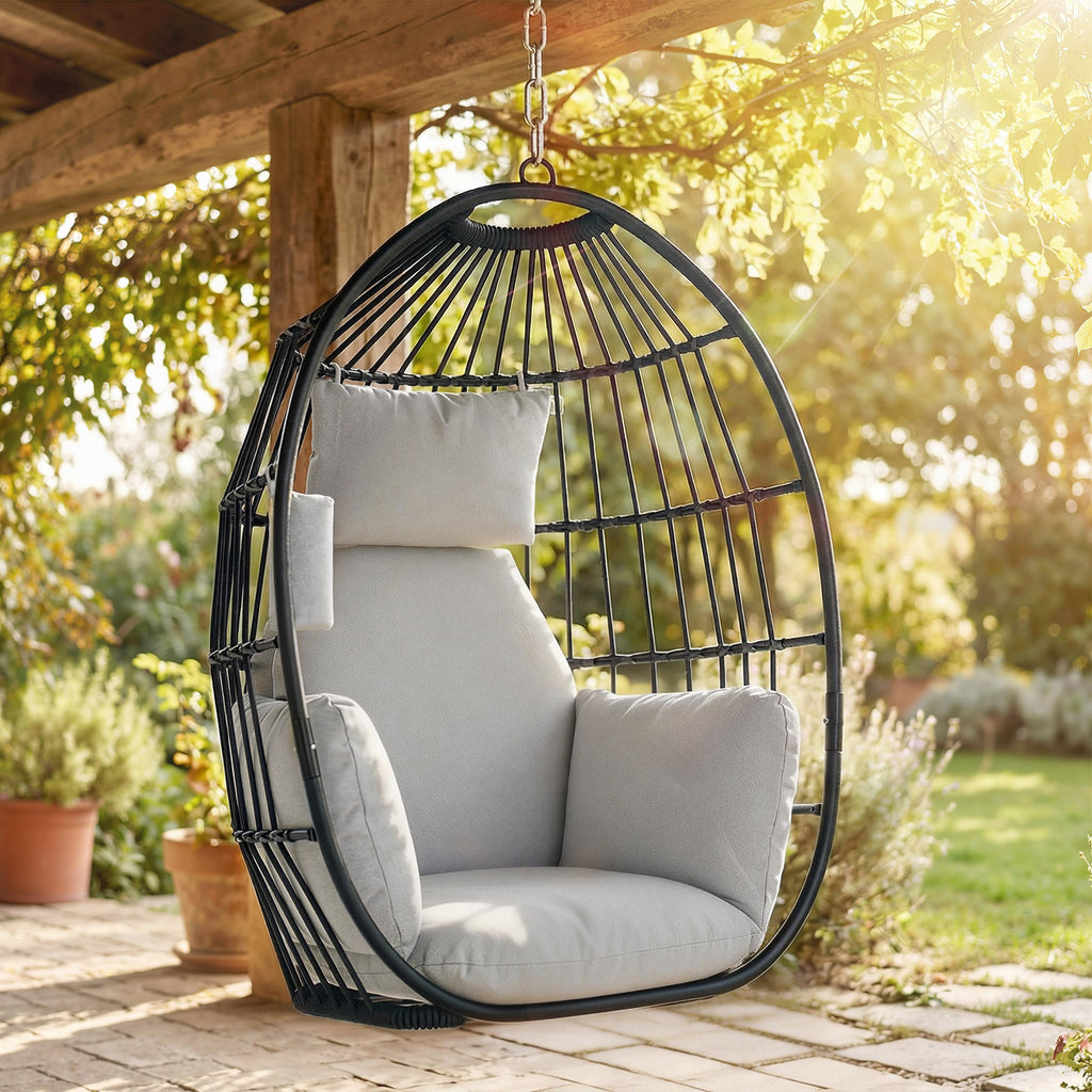 Fauteuil suspendu, fauteuil œuf suspendu, panier pliable, coussins rembourrés, porte-gobelet, oreiller, gris foncé-1