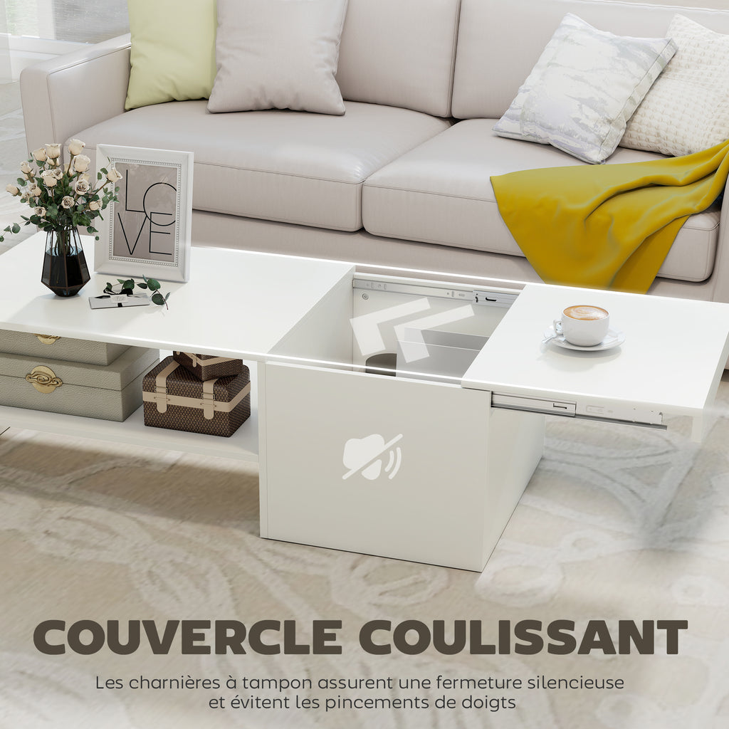Table basse rectangulaire, table d'appoint plateau coulissant, rangement caché, étagère ouverte, 110 x 52 x 36 cm, blanc-3