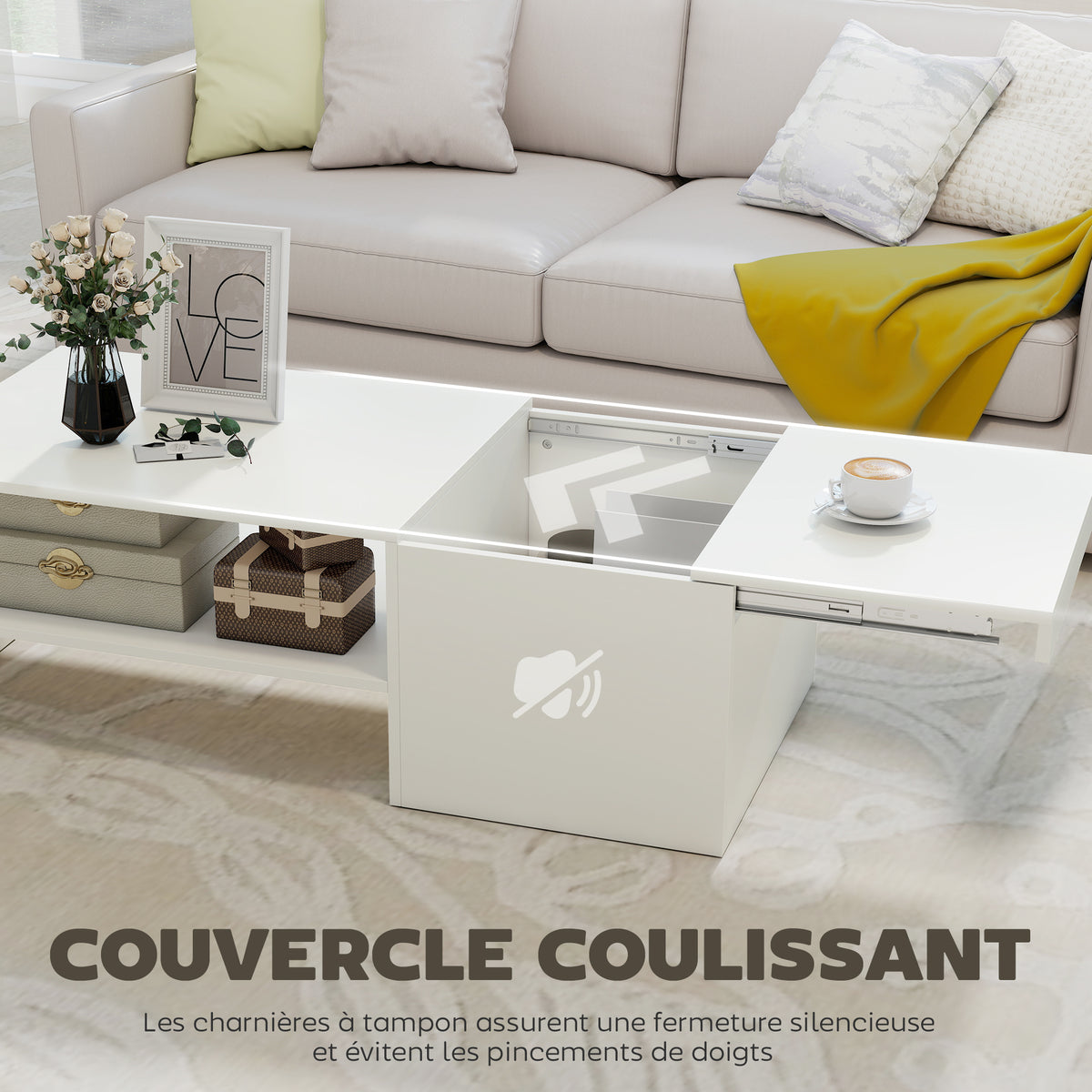 Table basse rectangulaire, table d'appoint plateau coulissant, rangement caché, étagère ouverte, 110 x 52 x 36 cm, blanc-3