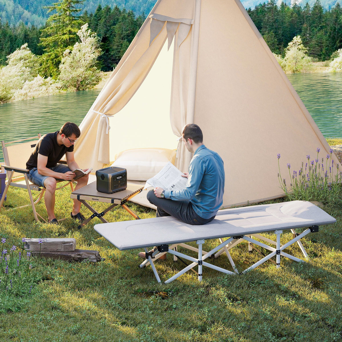 Lit de camping pliable avec matelas transat chaise longue sac de rangement intégrée dim. 185L x 65l x 37H cm gris-1