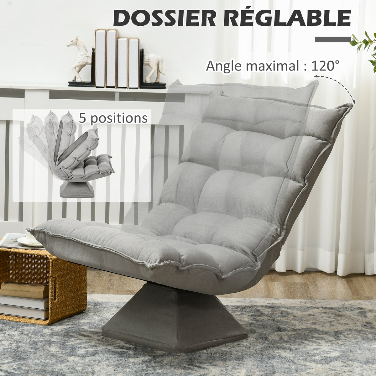 Fauteuil de sol paresseux fauteuil relax fauteuil salon design capitonné inclinaison dossier réglable pivotant 360°-3