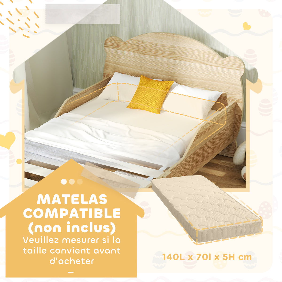 Lit enfant 70x140 cm avec barrières de sécurité thème d'ours pour garçons, filles, âgés de 3 à 6 ans, bois naturel-6