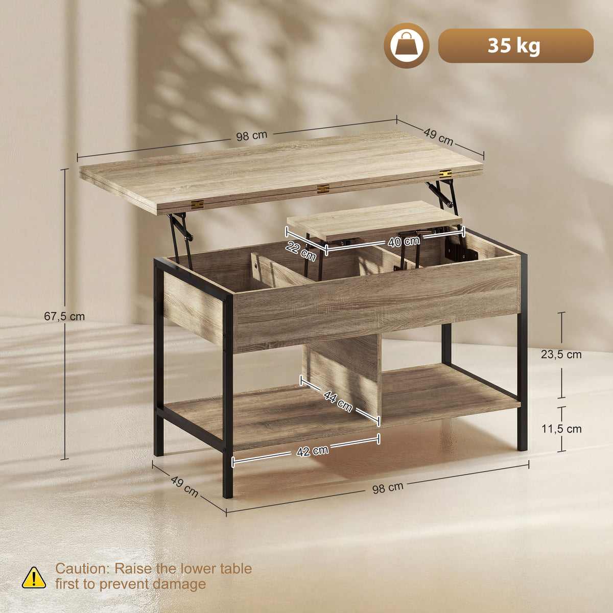 Table basse relevable et extensible, table de salon avec compartiment caché étagères ouvertes, 98x49x55cm, bois naturel-2