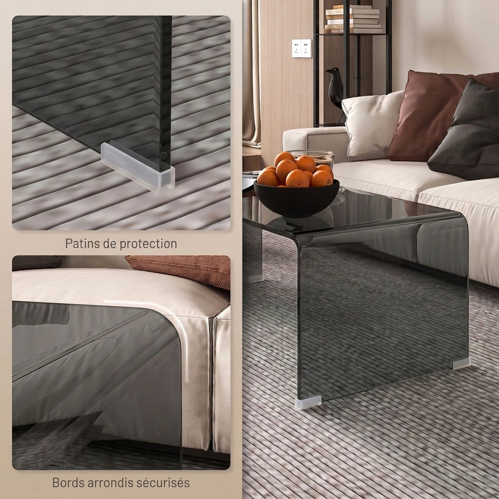 Table Basse en Verre, Table de Salon Rectangulaire Design Moderne avec Bords Arrondis Sûrs, Gris Clair Transparent-4