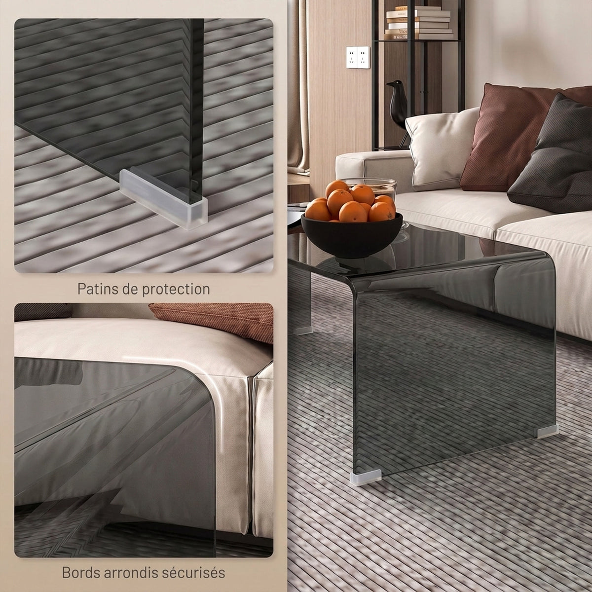 Table Basse en Verre, Table de Salon Rectangulaire Design Moderne avec Bords Arrondis Sûrs, Gris Clair Transparent-4