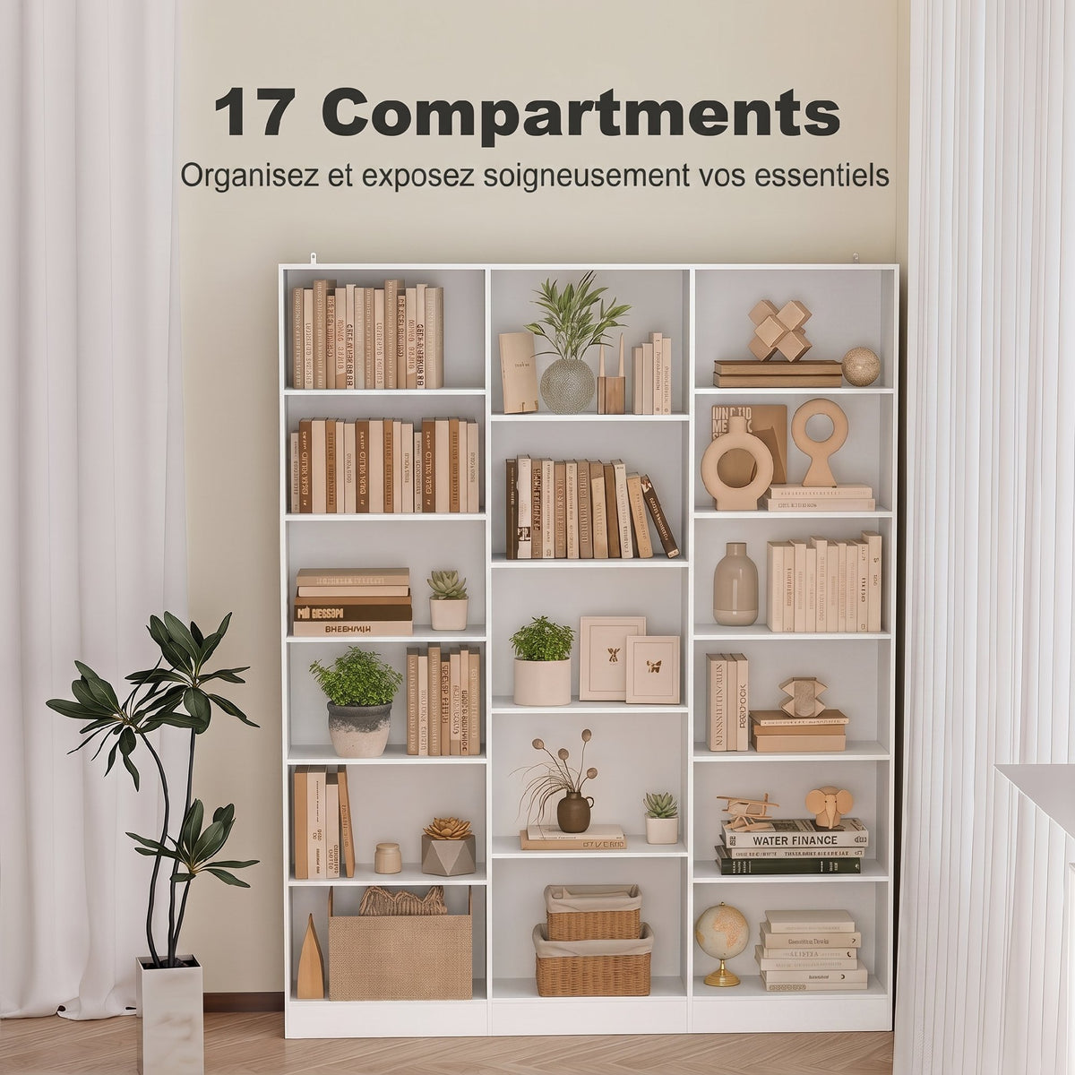 Bibliothèque 6 Niveaux, Étagère de Rangement avec 17 Compartiments et Étagères Réglables, 149 x 23,6 x 188 cm, Blanc-3