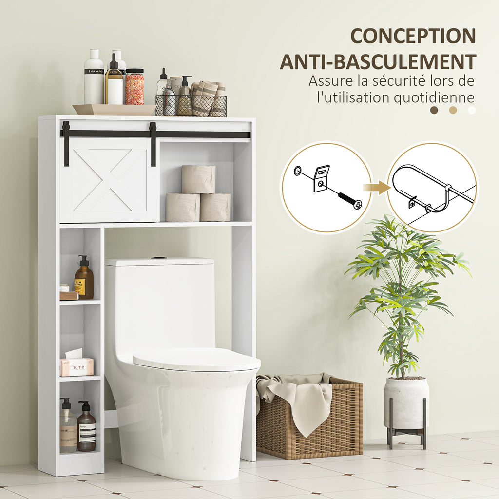 Meuble de rangement au-dessus des toilettes avec porte coulissante, Meuble étagère dessus WC, étagère réglable, blanc-6