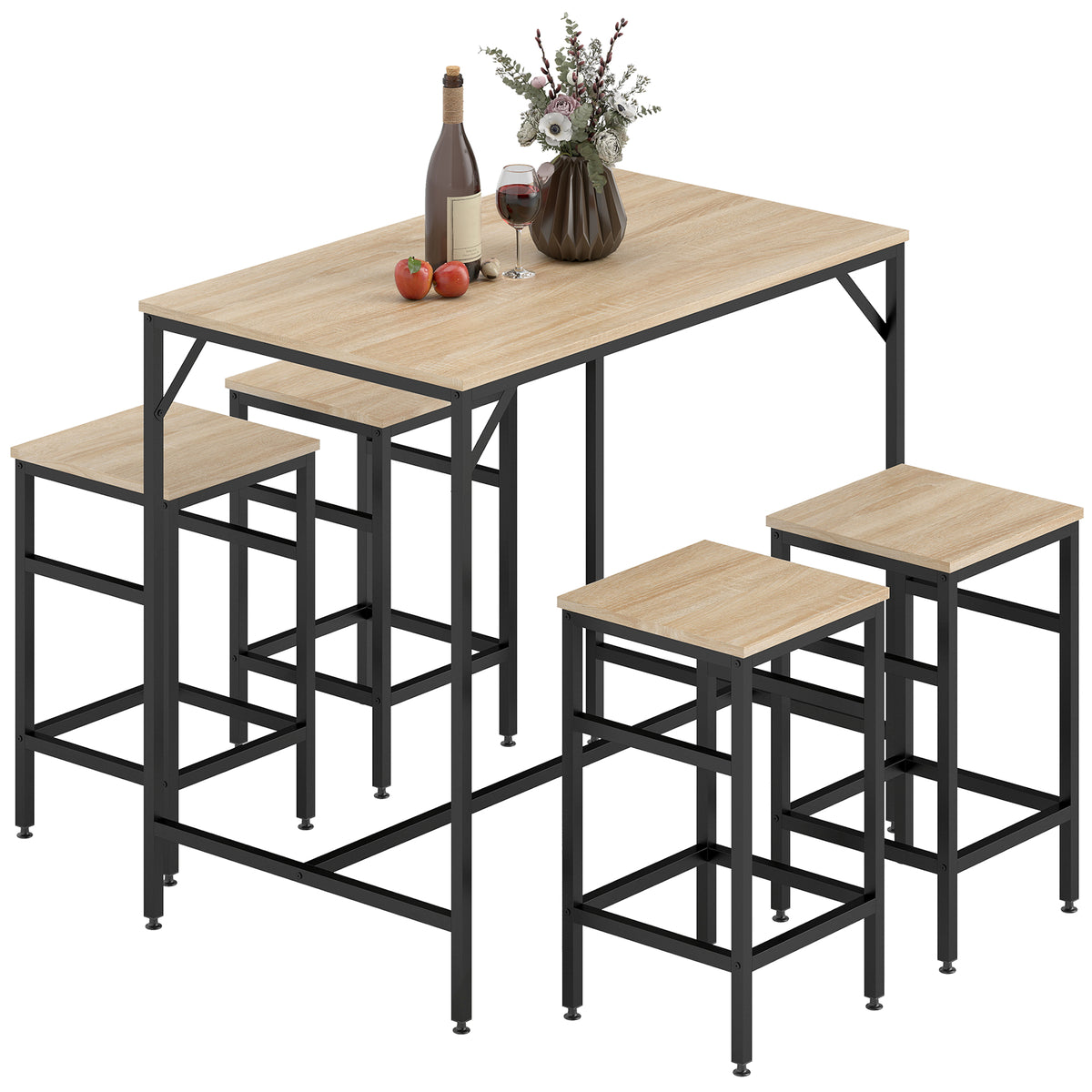 Ensemble Table de Bar Industriel + 4 tabourets Repose-Pieds en Bois couleur Chêne Clair Cadre en métal Noir-0