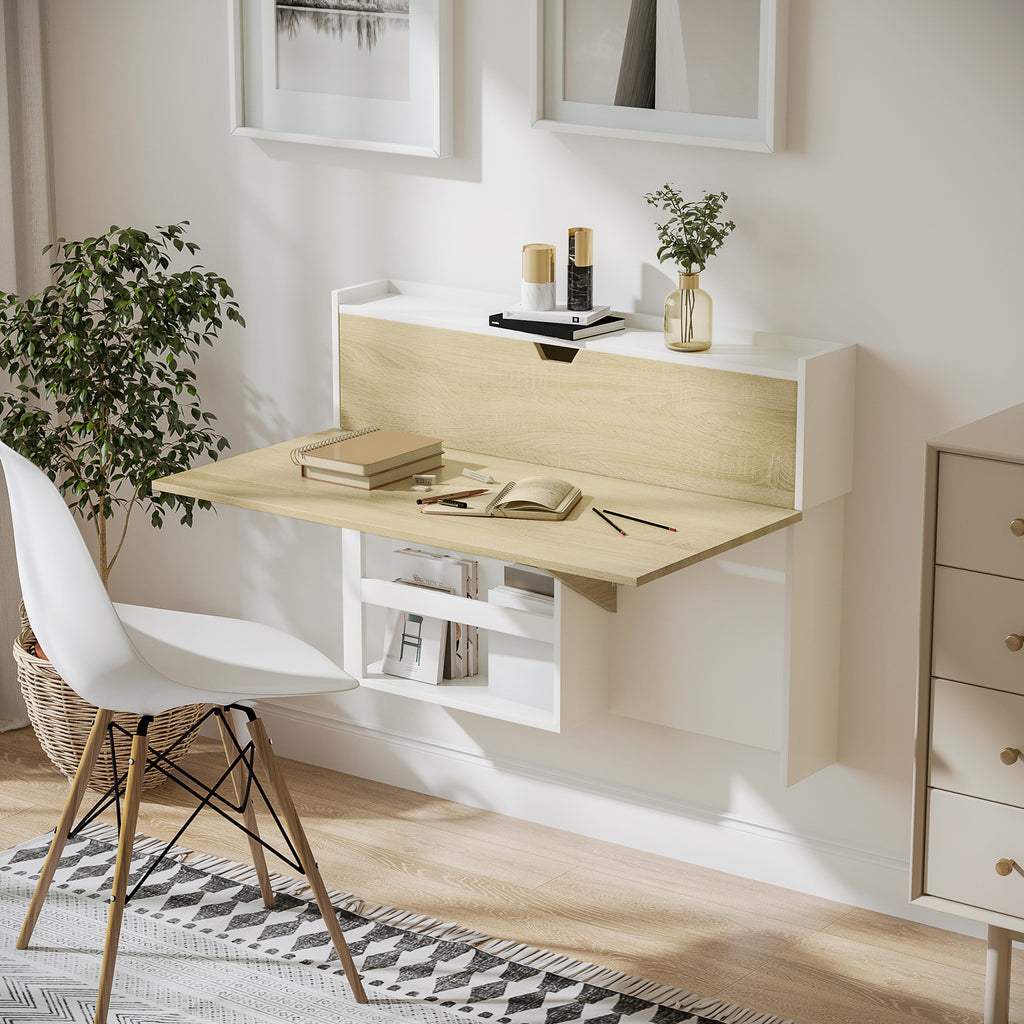 Bureau pliable mural avec étagères de rangement et placard, bureau rabattable, 100 x 18 x 74 cm effet bois naturel-1