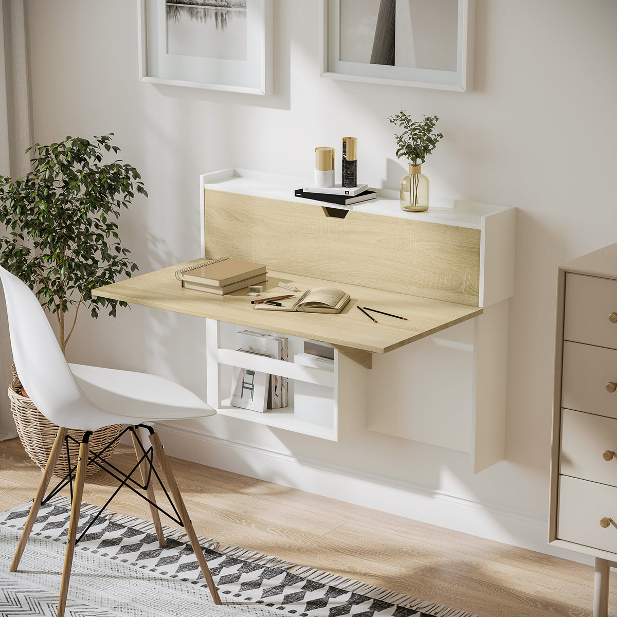 Bureau pliable mural avec étagères de rangement et placard, bureau rabattable, 100 x 18 x 74 cm effet bois naturel-1