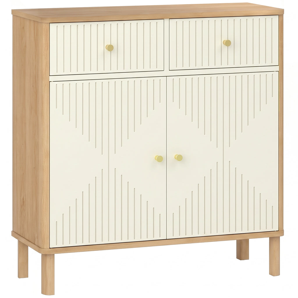 Buffet, meuble de rangement cannelé avec plateau effet chêne, 2 tiroirs, 2 portes, étagère réglable, 77x30x80cm, crème-0